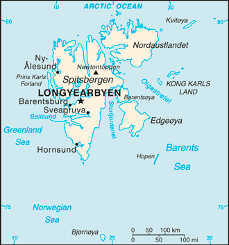 Map of Svalbard (sometimes referred to as Spitsbergen, the largest island in the archipelago)